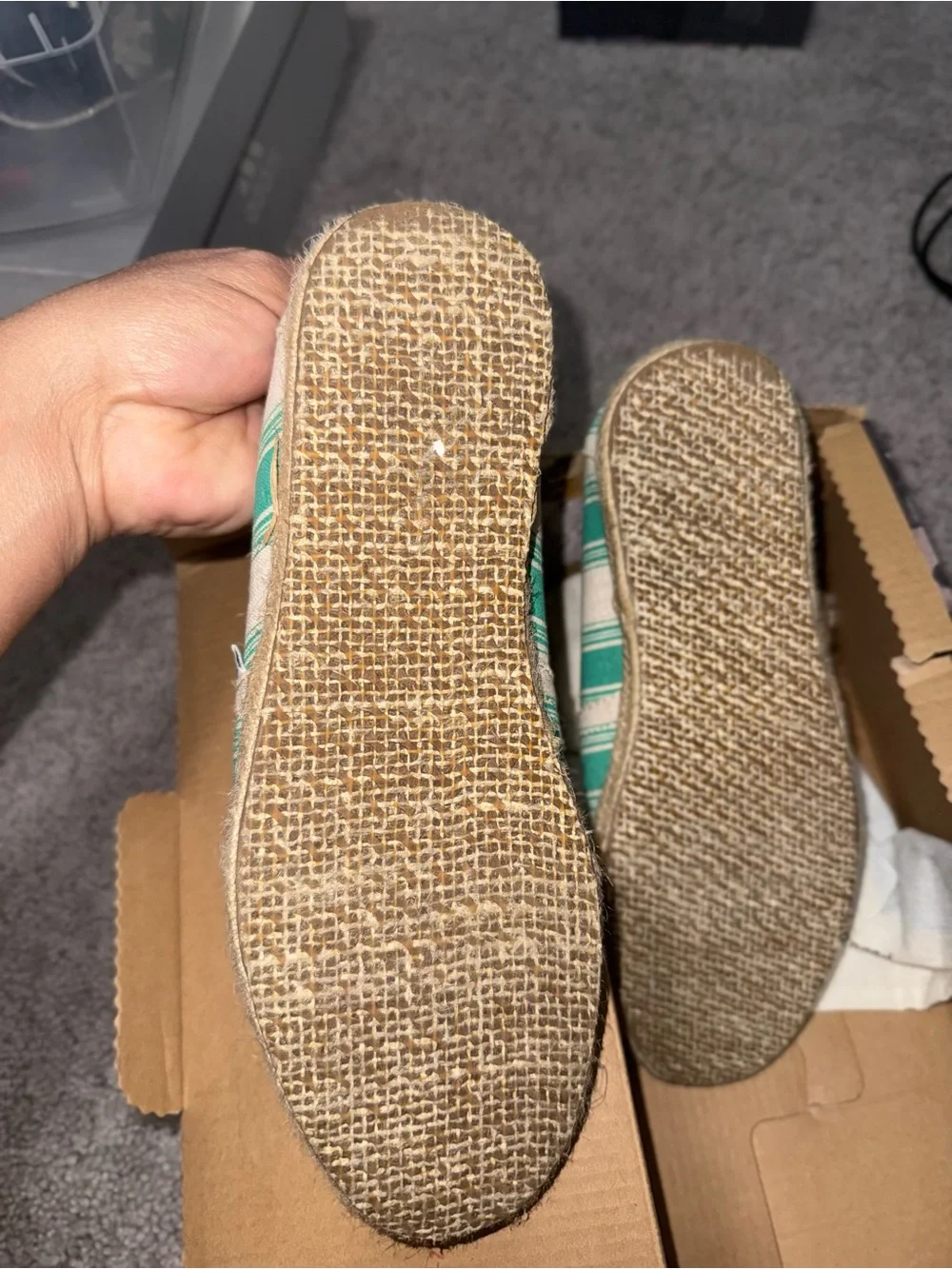 TOMS Green and Cream Striped Canvas Slip-Ons